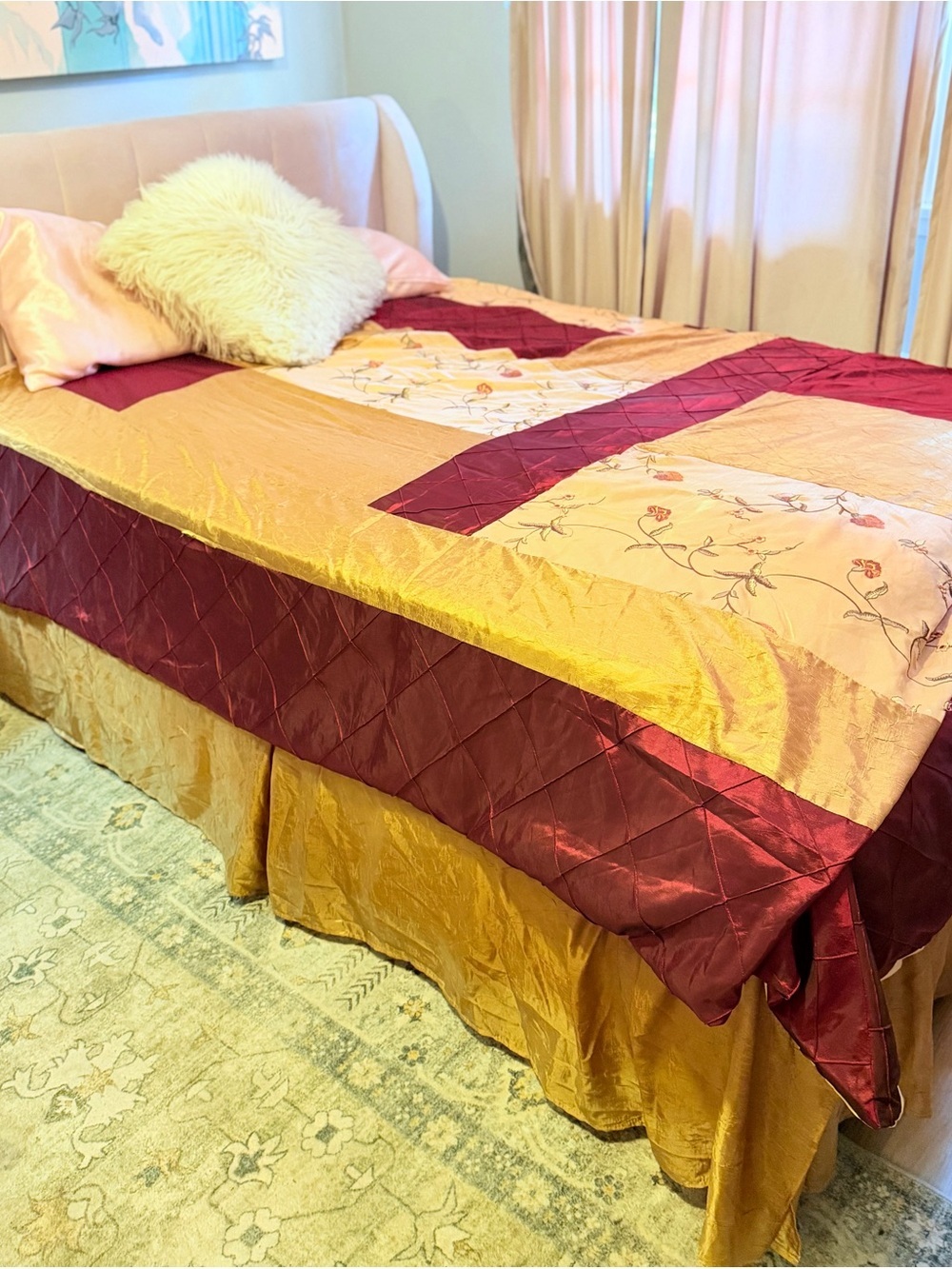 Elegant Floral Burgundy and Gold  Patchwork Duvet w Gold Dust Ruffle